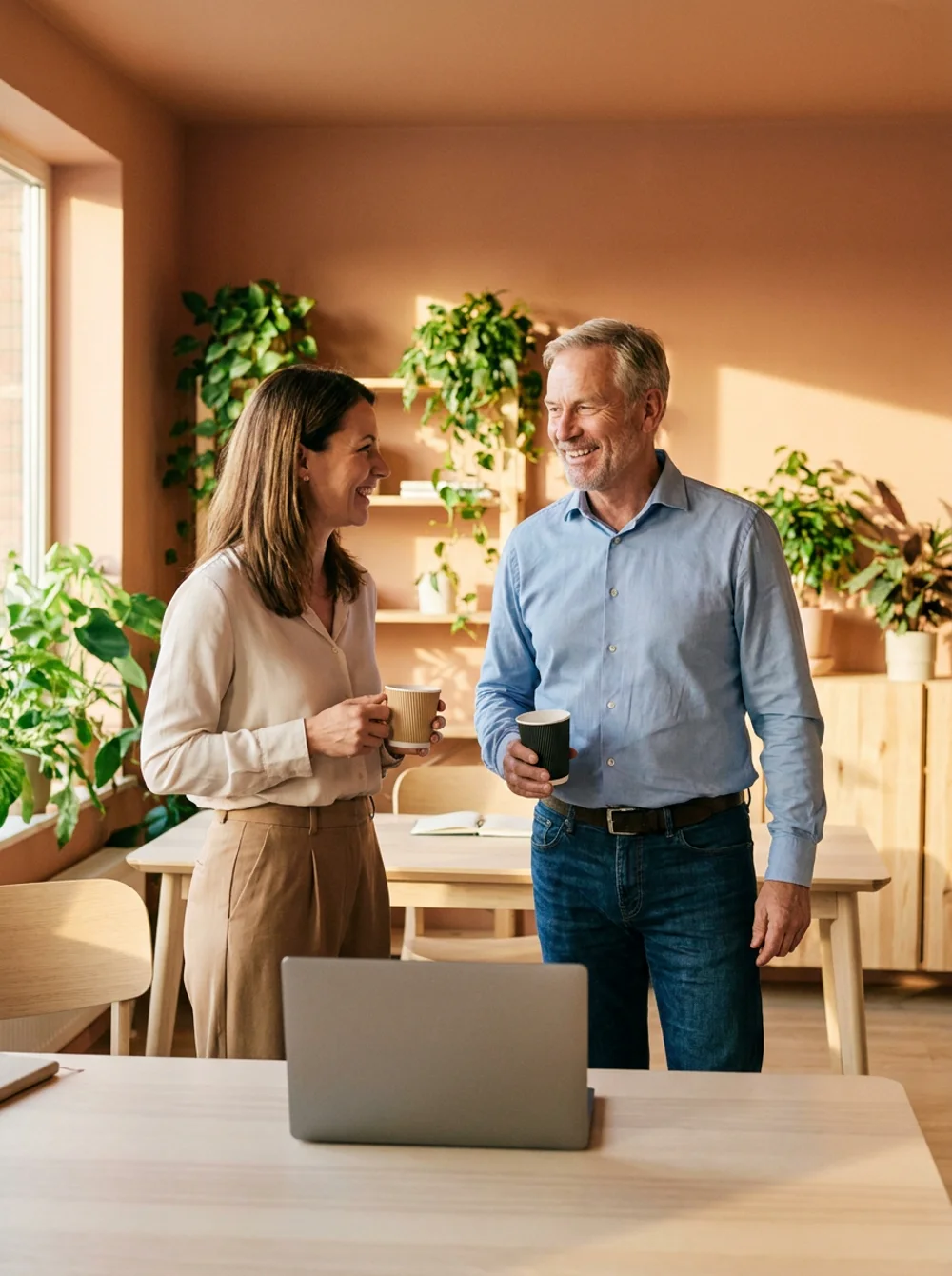 Deux professionnels de la formation qui échangent en souriant